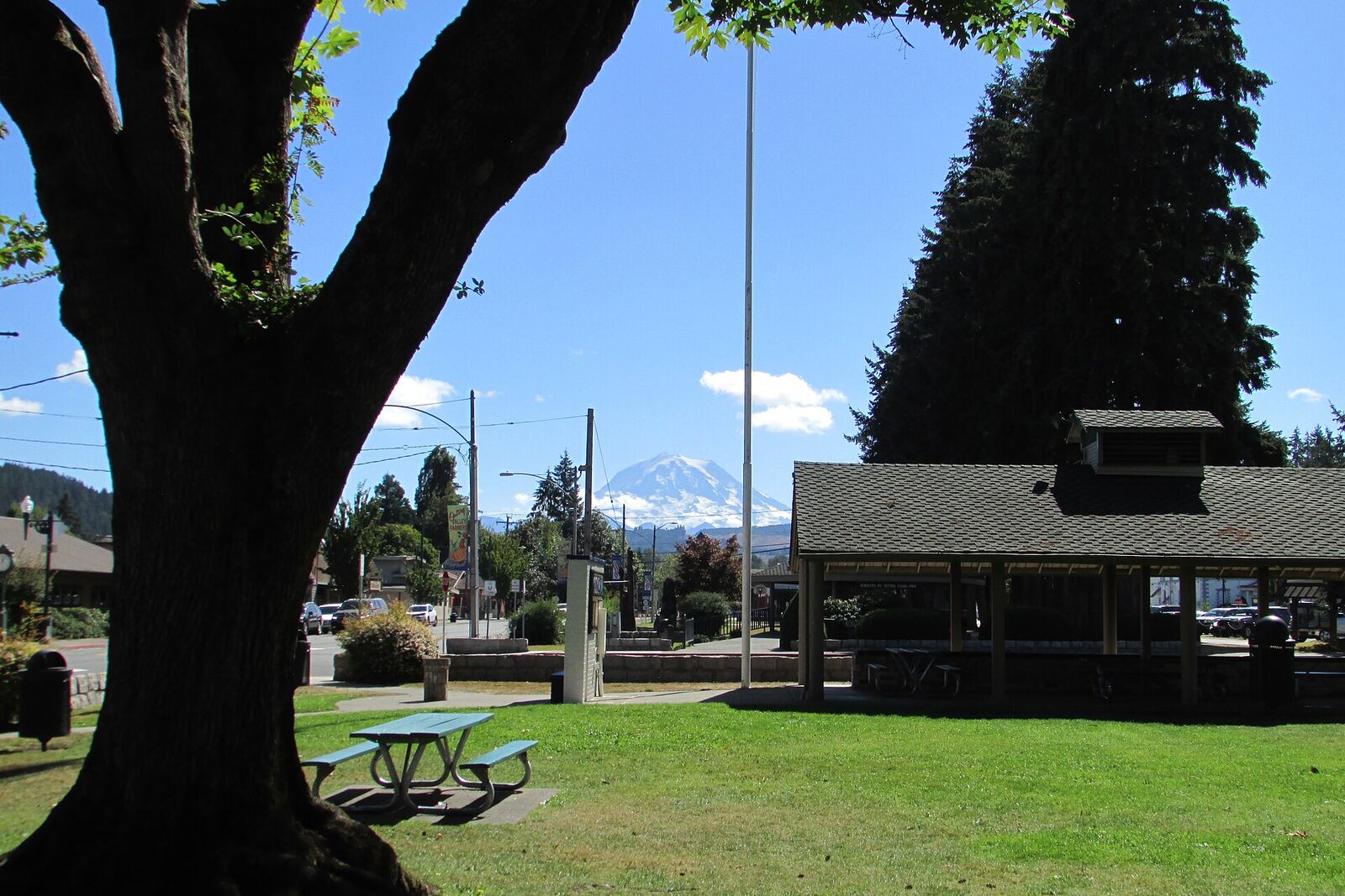Main City Park picnic tables and shelter with Mount Rainier in the distance